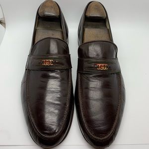 Gucci Vintage Mens Brown GG Leather Loafer w/ Red and Green Stripe - 44.5.